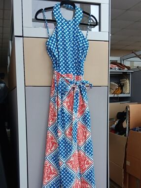 Vintage 70's Sleeveless Blue & Red Patterned Halter Maxi Dress.